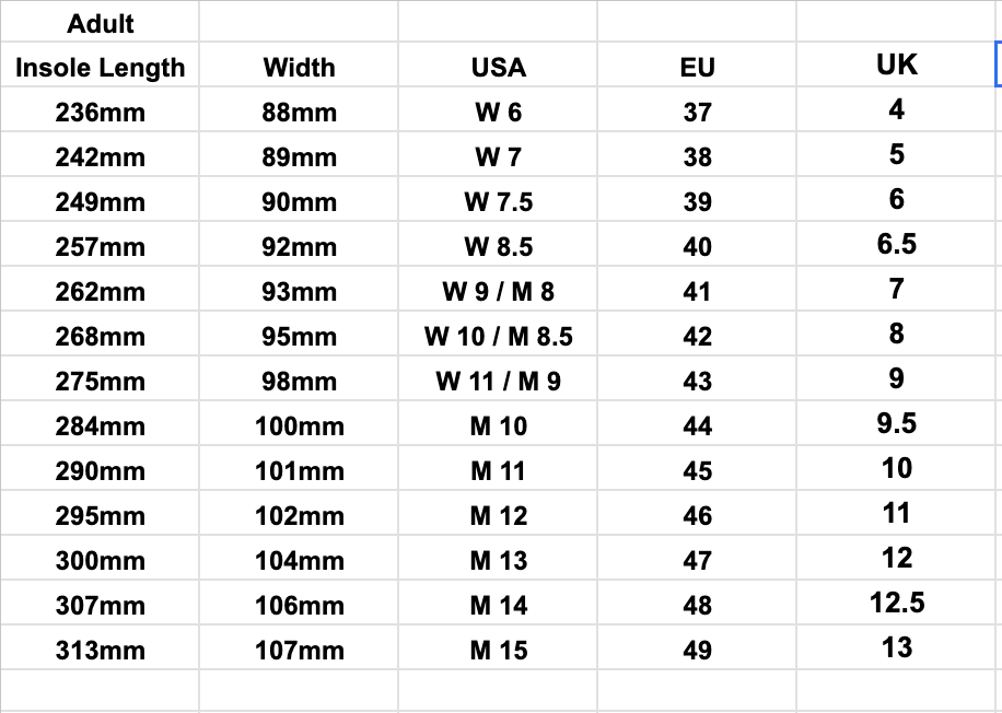 Unisex sizing guide