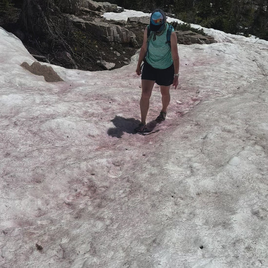 Wearing Xero barefoot sandals on snow in the Uinta mountains, Utah, USA
